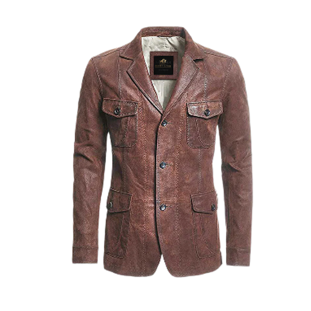 Mens Distressed Brown Leather Blazer