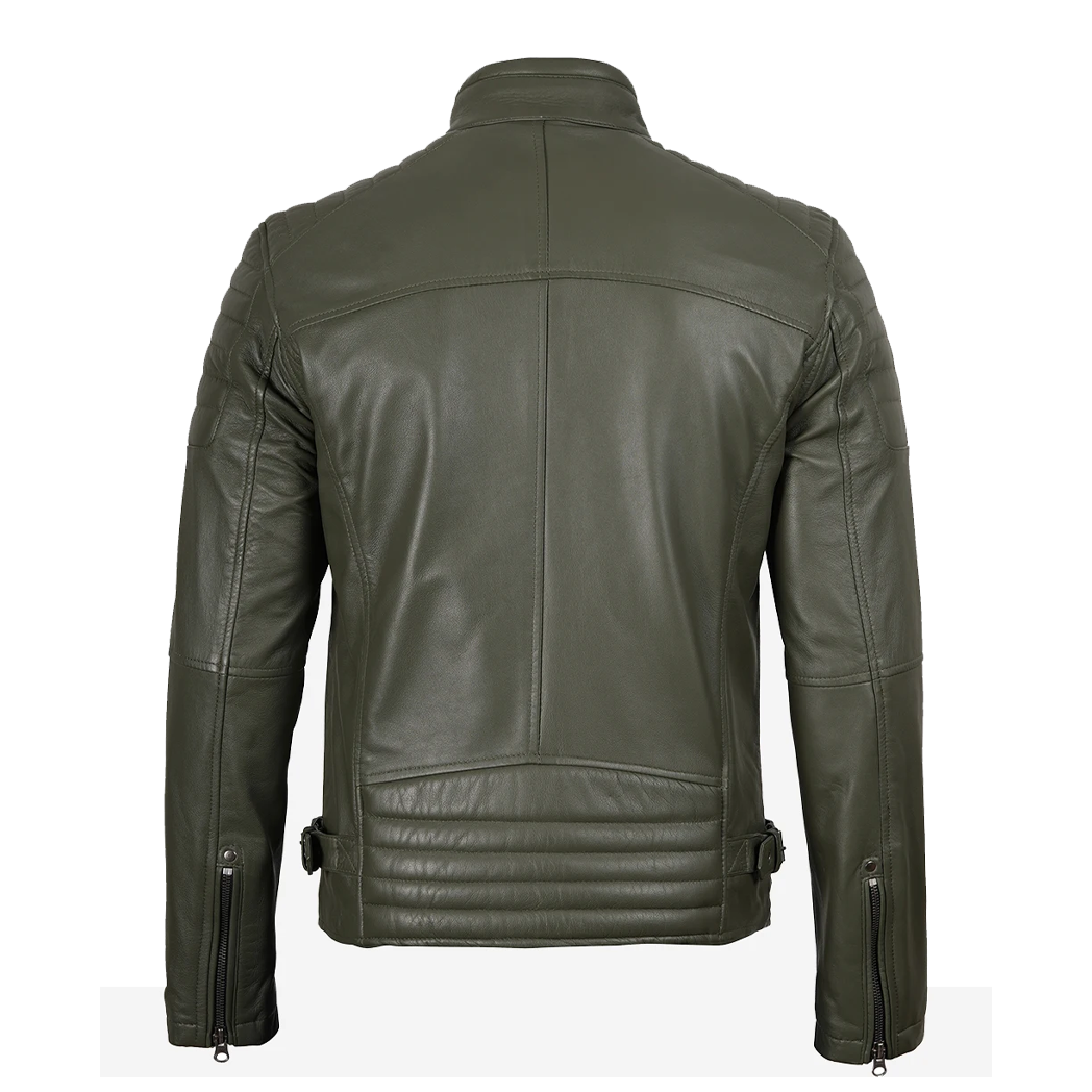 Mens Olive Green Biker Style Leather Jacket