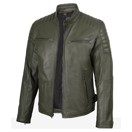 Mens Olive Green Biker Style Leather Jacket