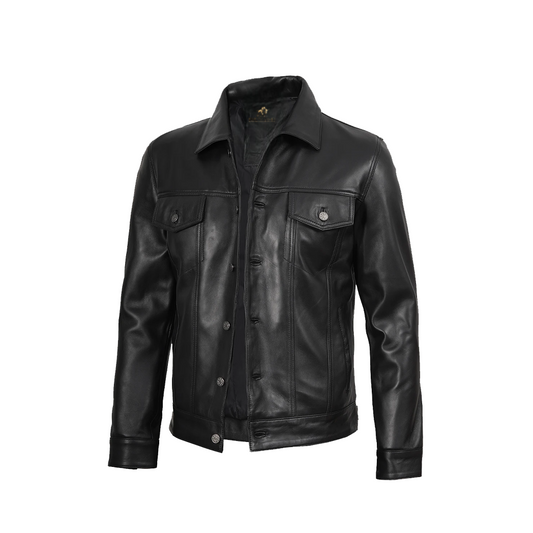 Men Fernando Black Leather Trucker Jacket