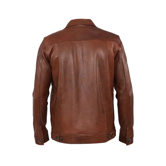 Mens Brown Shiny Stylish Collar Style Leather Jacket