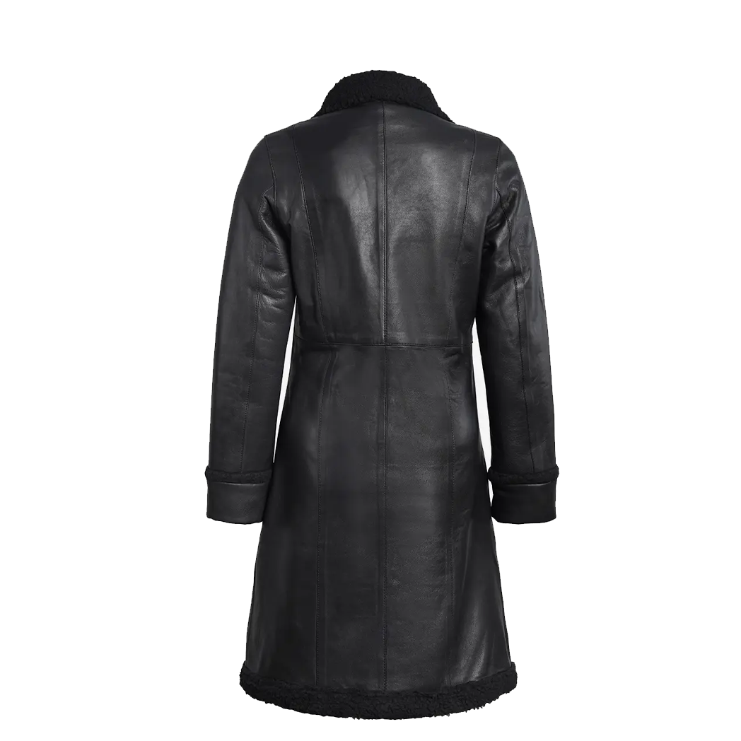 Women’s Real Leather 3/4 Length Black Shearling Coat