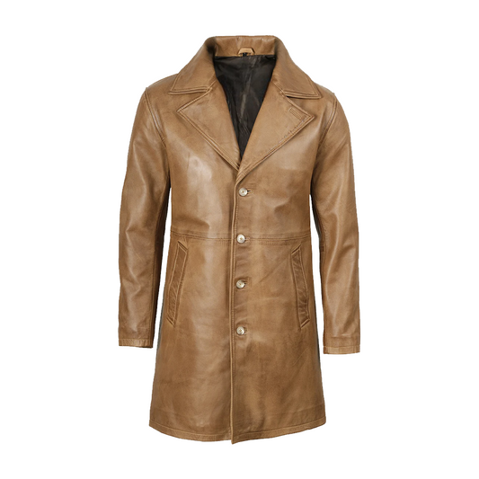Mens Real 3/4 Length Camel Brown Leather Coat