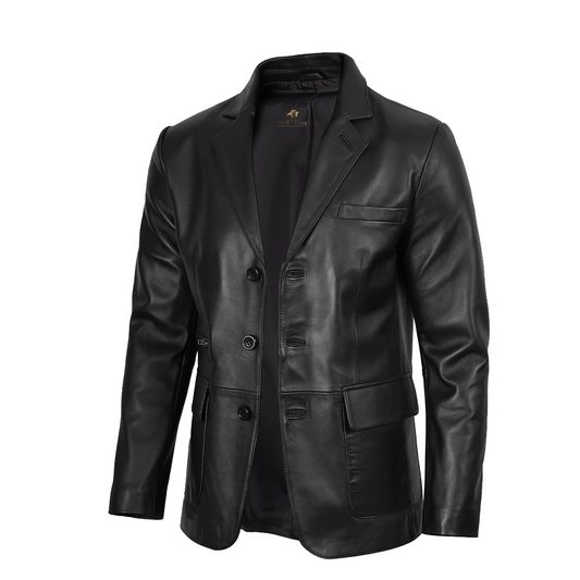 Mens Notch Lapel Three Button Black Leather Blazer