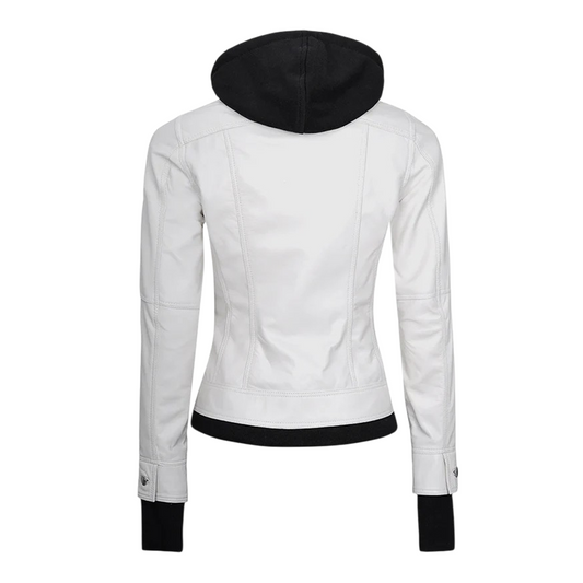 Women’s Hood Removable White Leather Jacket