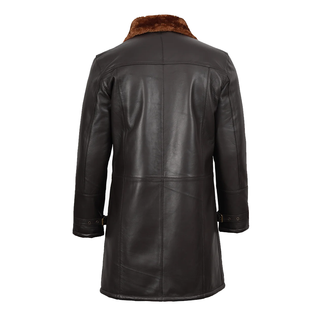 Mens Real Leather 3/4 Length Dark Brown Shearling Coat