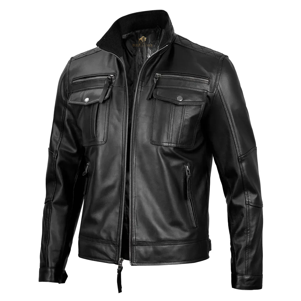 Mens Black Leather Style Cafe Racer Jacket