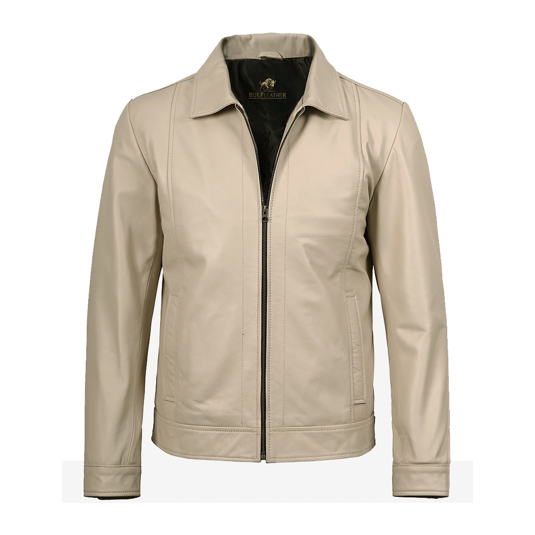 Men’s Beige Real Leather Harrington Jacket