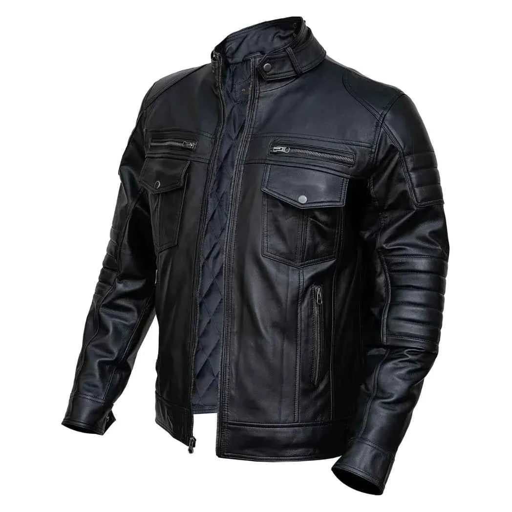 Mens Black Slim Fit Real Leather Biker Jacket