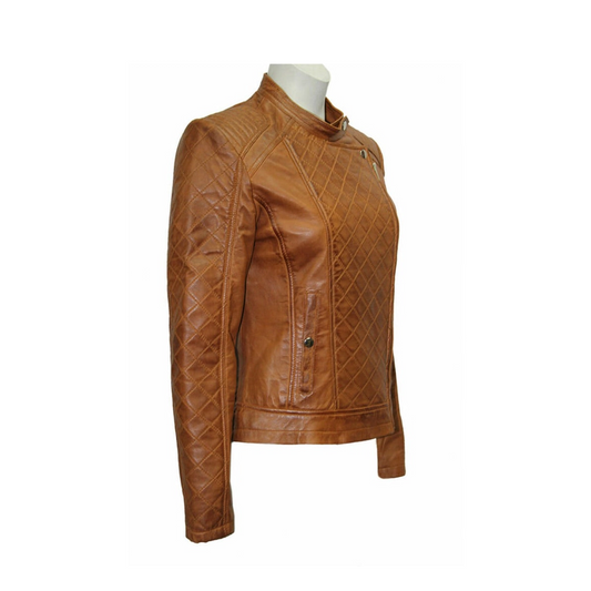 Women Slim Fit Brown Quilted Leather Jacket