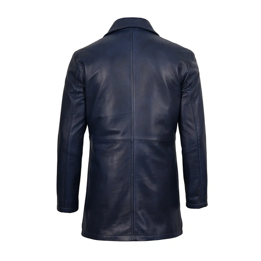 Mens 3/4 Length Blue Waxed Leather Car Coat