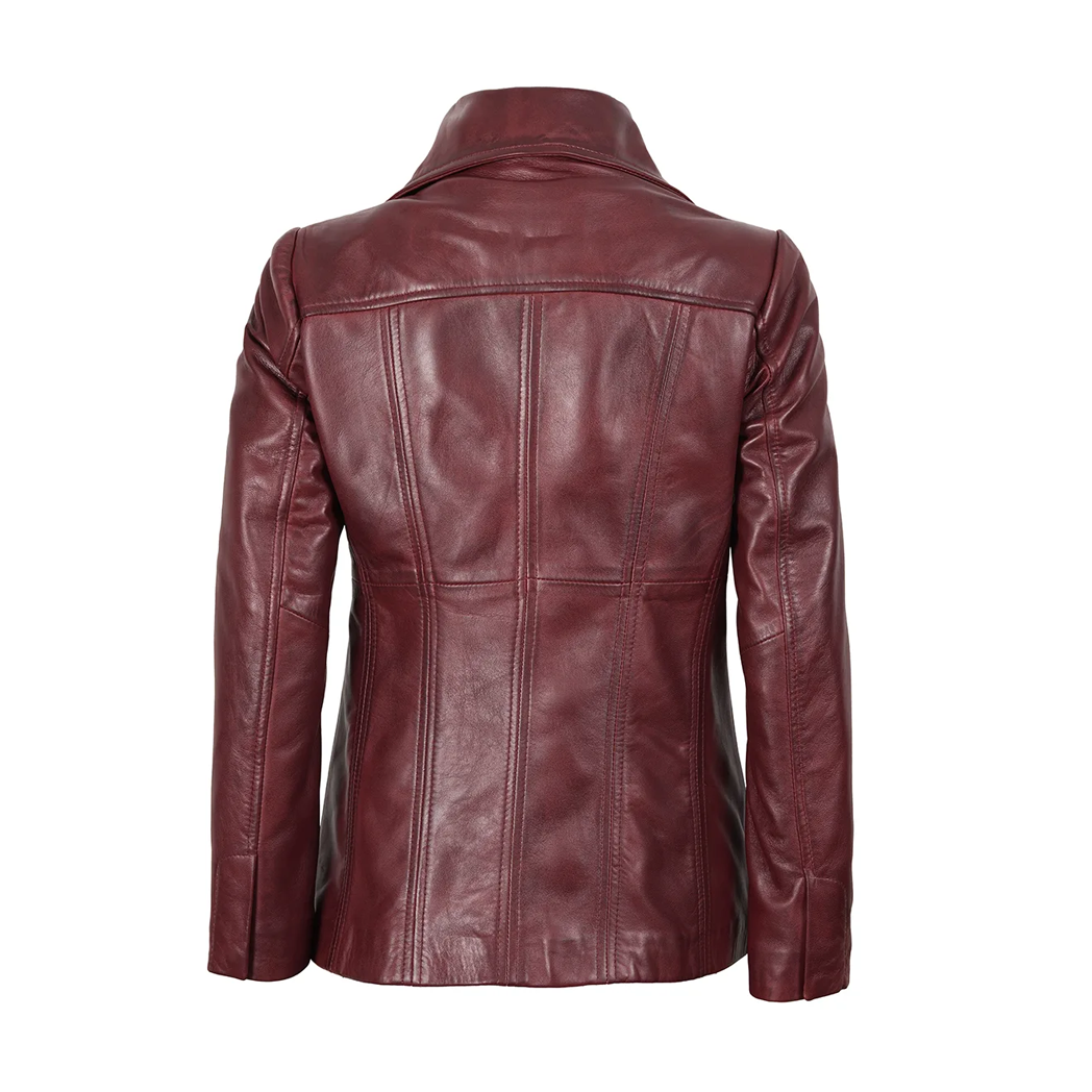 Womens Three Button Burgundy Leather Blazer