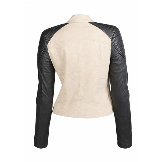 Women’s Black and White Asymmetrical Biker Leather Jacket