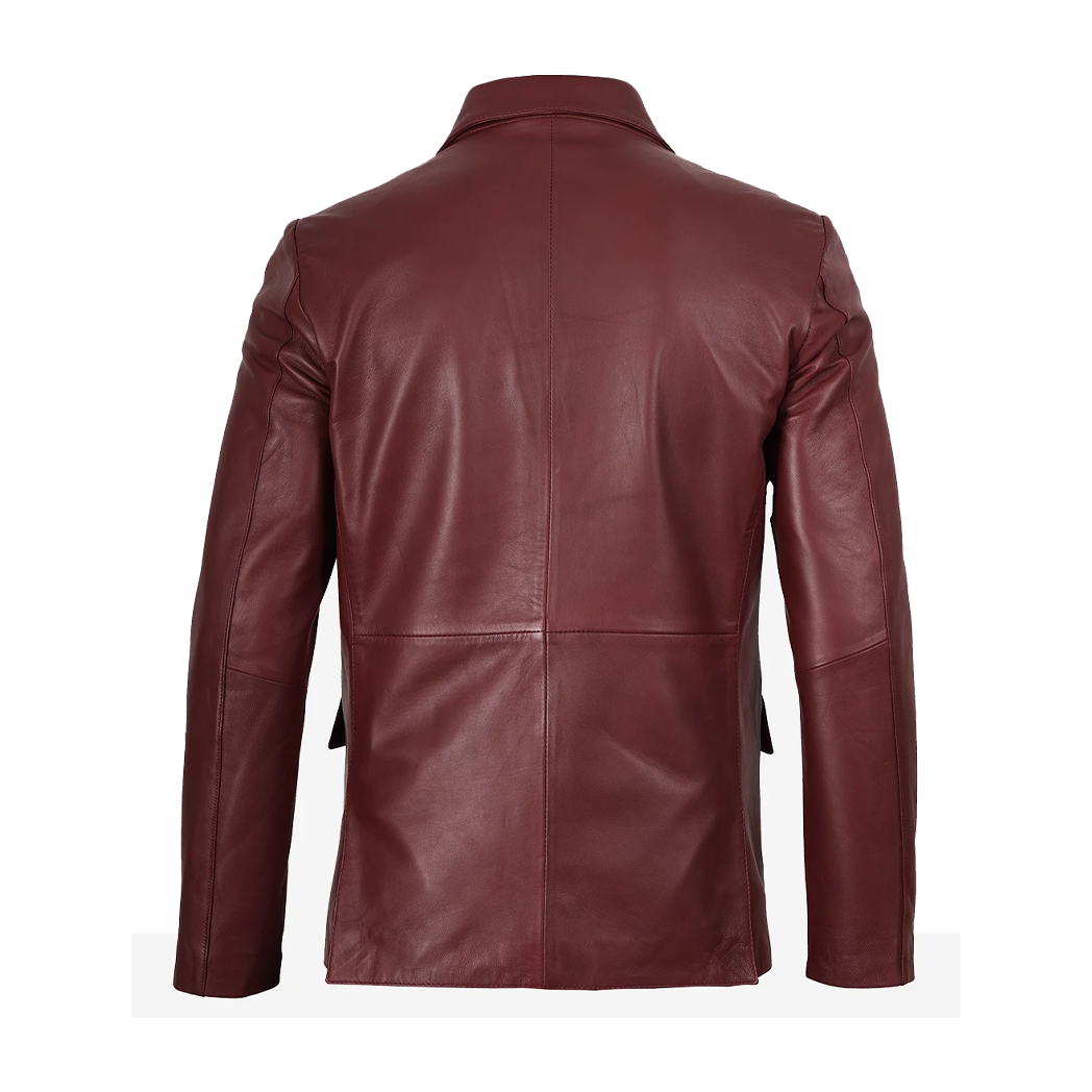 Men’s Notch Lapel Maroon Leather Blazer
