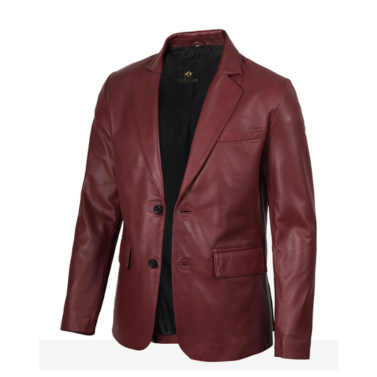 Men’s Notch Lapel Maroon Leather Blazer