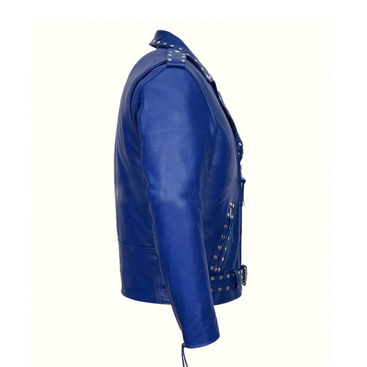 Blue Studded Motorcycle Leather Jacket