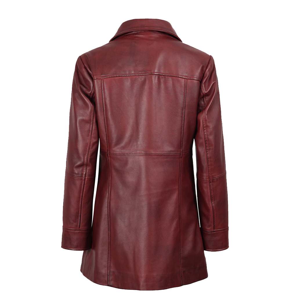 Womens Button Down Burgundy Leather Car Coat