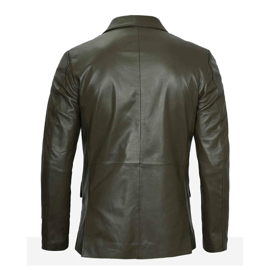 Mens Olive Green Two Button Leather Blazer
