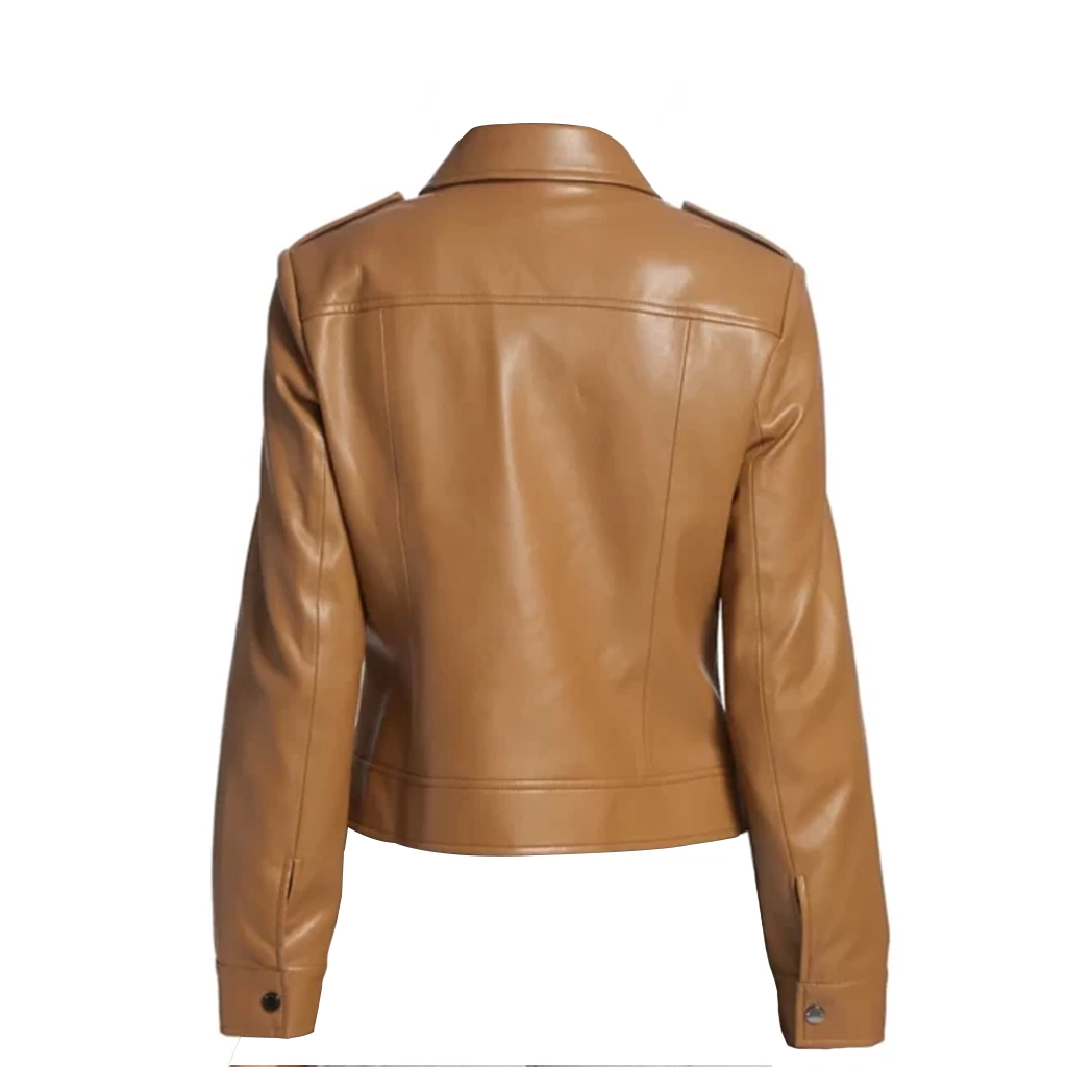 Women Moto Faux Brown Leather Jacket