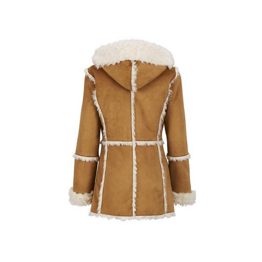 Womens Brown Fur Suede Overcoat With Hood