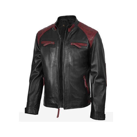 Men’s Black and Maroon Biker Style Leather Jacket