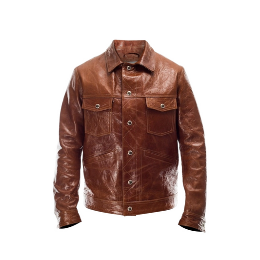 Men Brown Leather Trucker Jacket
