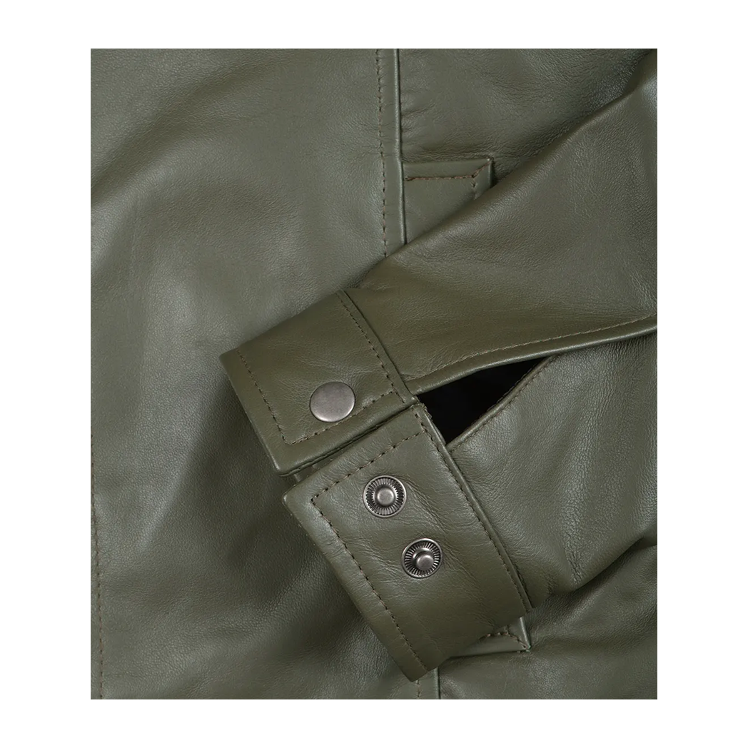 Men’s Classic Shirt Collar Olive Green Leather Jacket