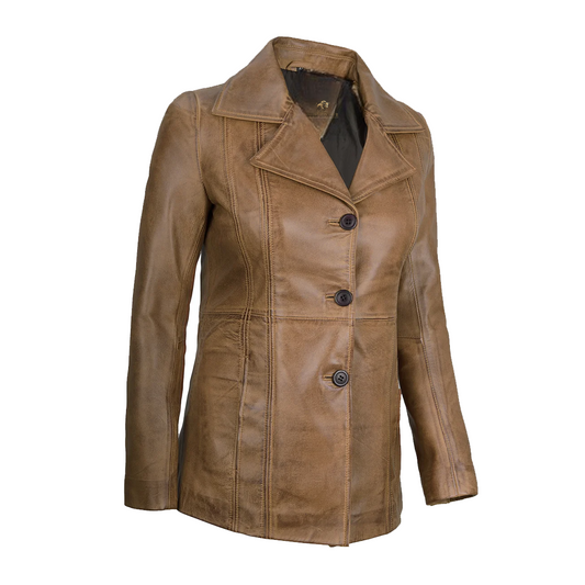 Women’s Three Button Camel Brown Leather Blazer