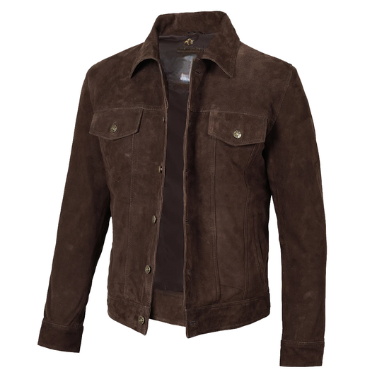 Men’s Real Dark Brown Suede Trucker Style Jacket