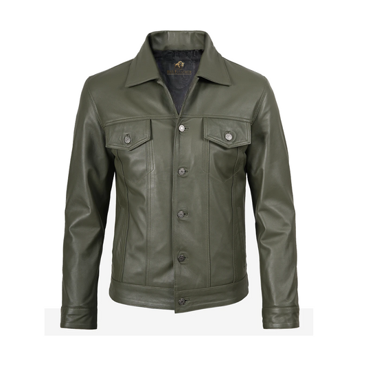 Men’s Four Pockets Olive Green Trucker Leather Jacket