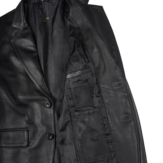 Mens Notch Lapel Two Button Black Leather Blazer