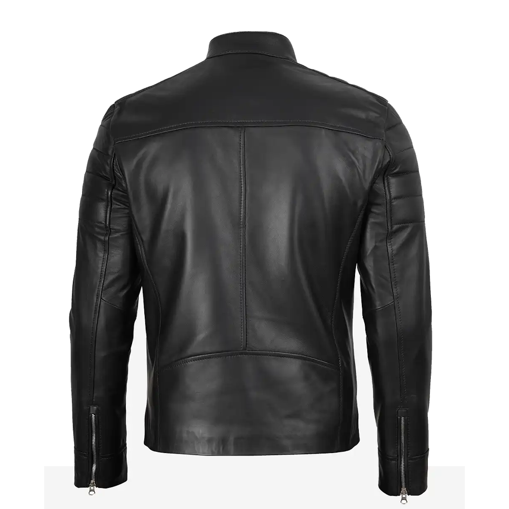 Mens Black Biker Style Leather Jacket With White Stripes