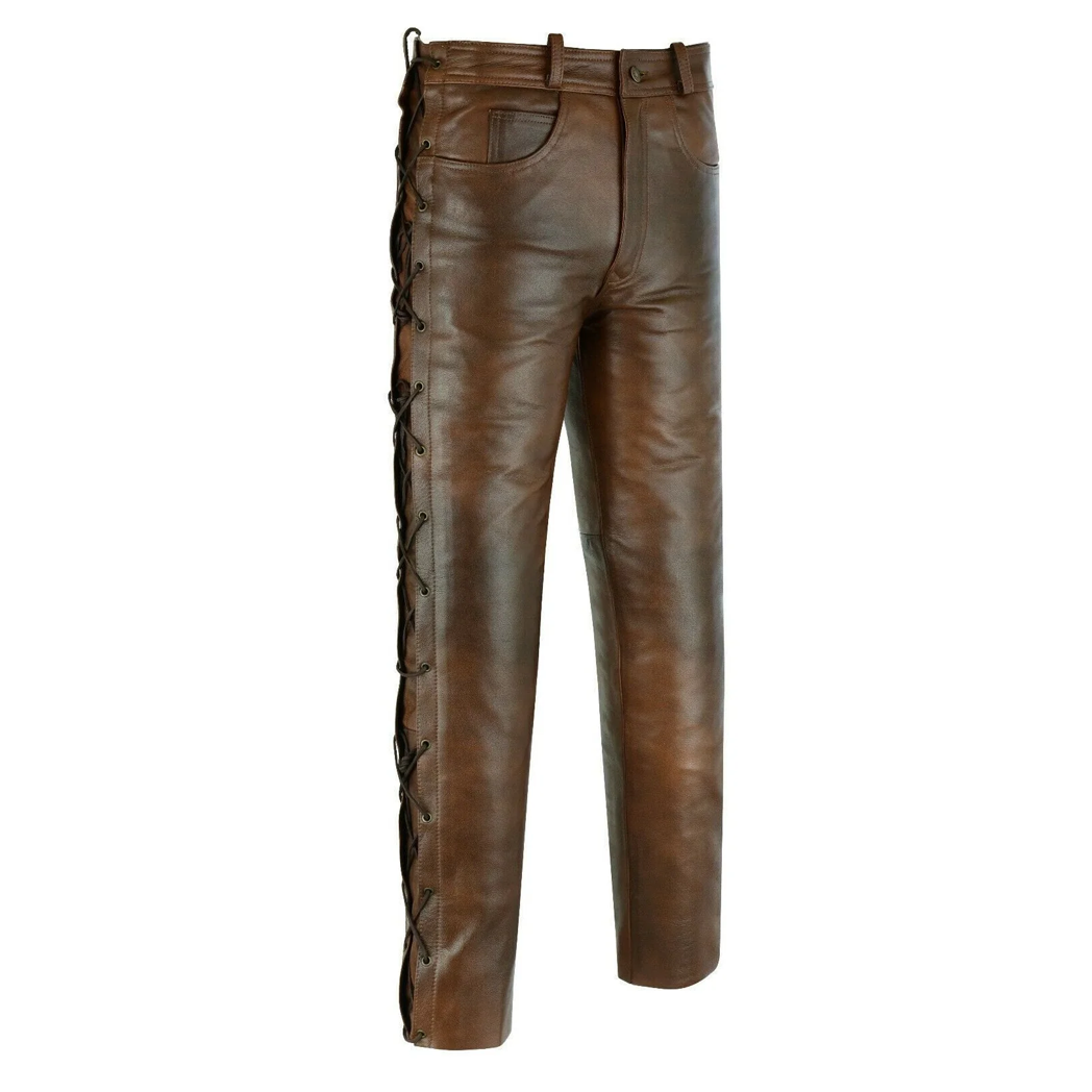 Mens Brown Jean Style Motorcycle Leather Pants