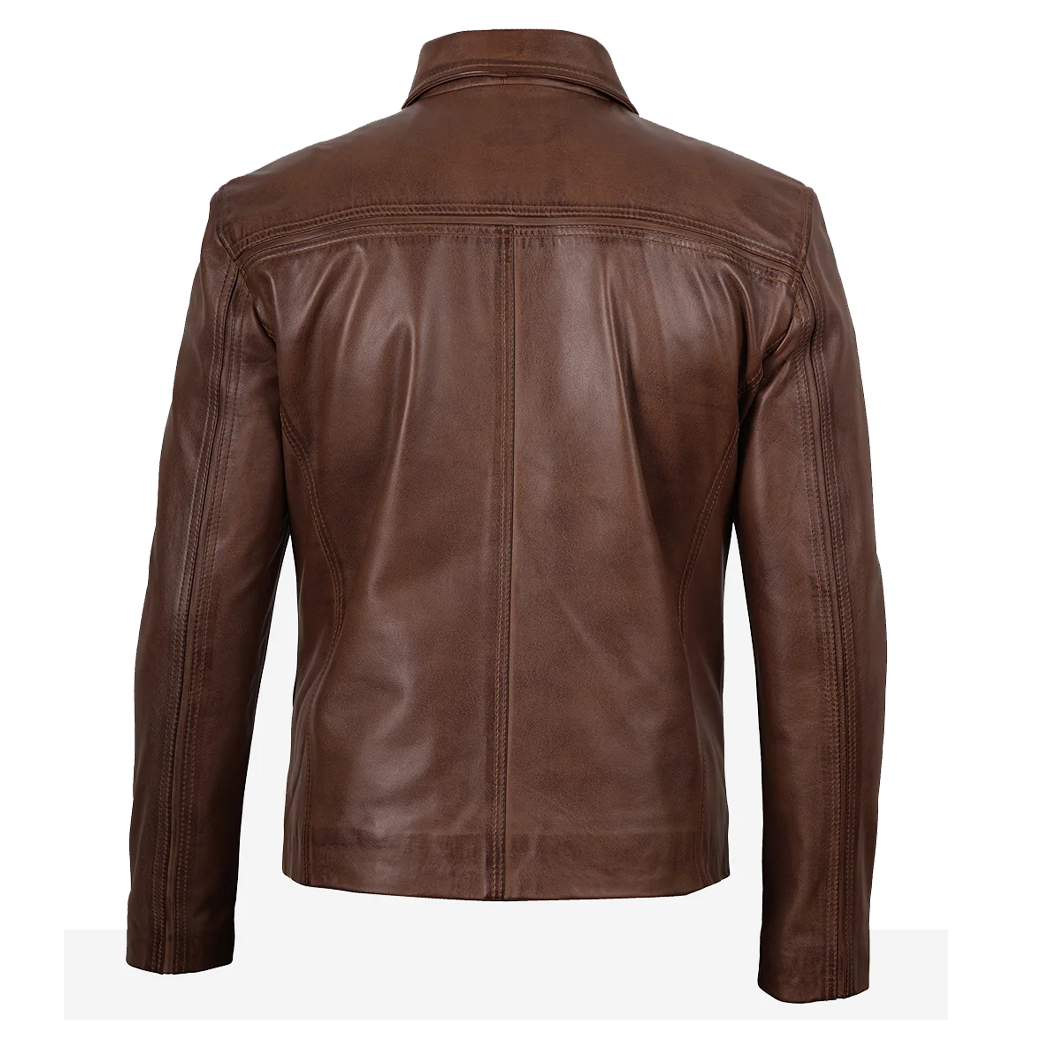 Mens Shirt Collar Brown Leather Jacket