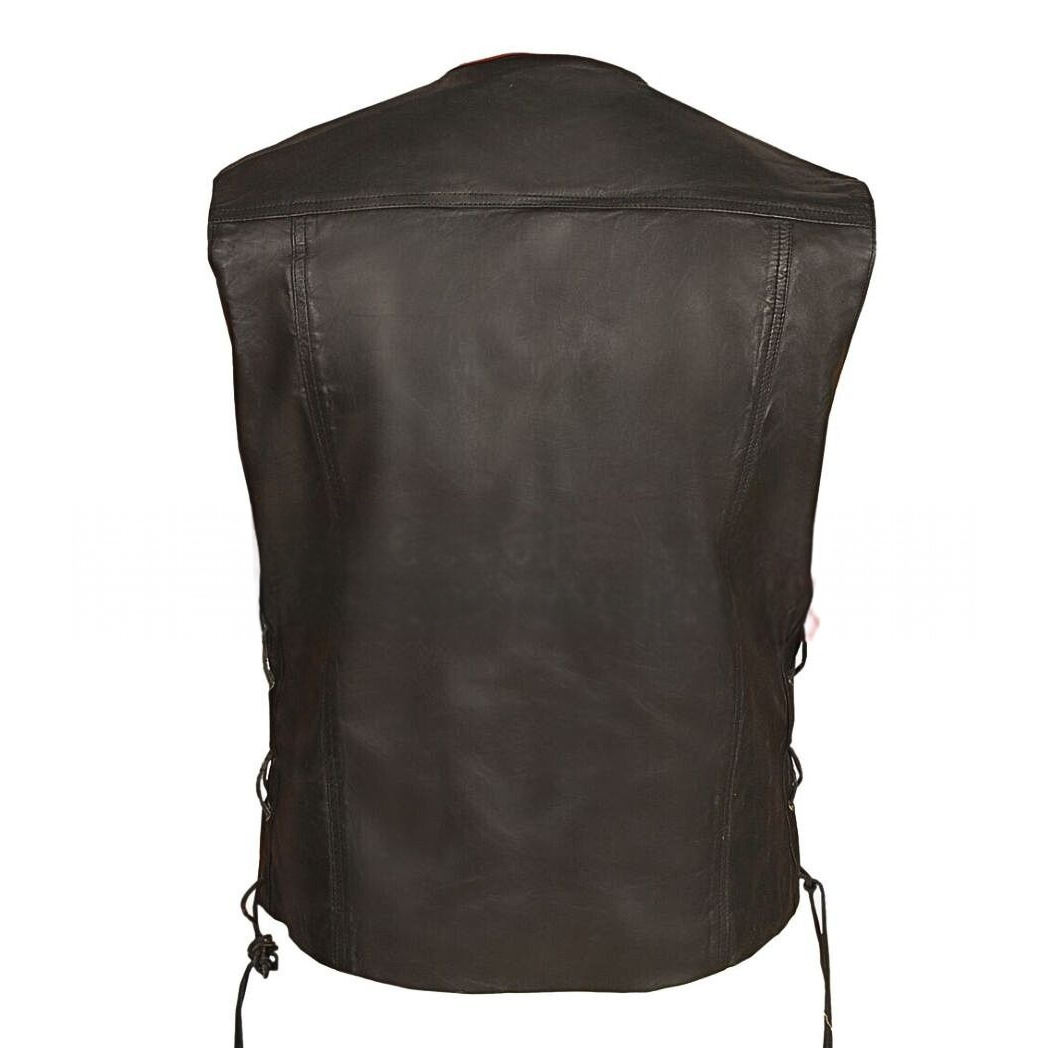 Mens Black Leather Vest with Red Lining