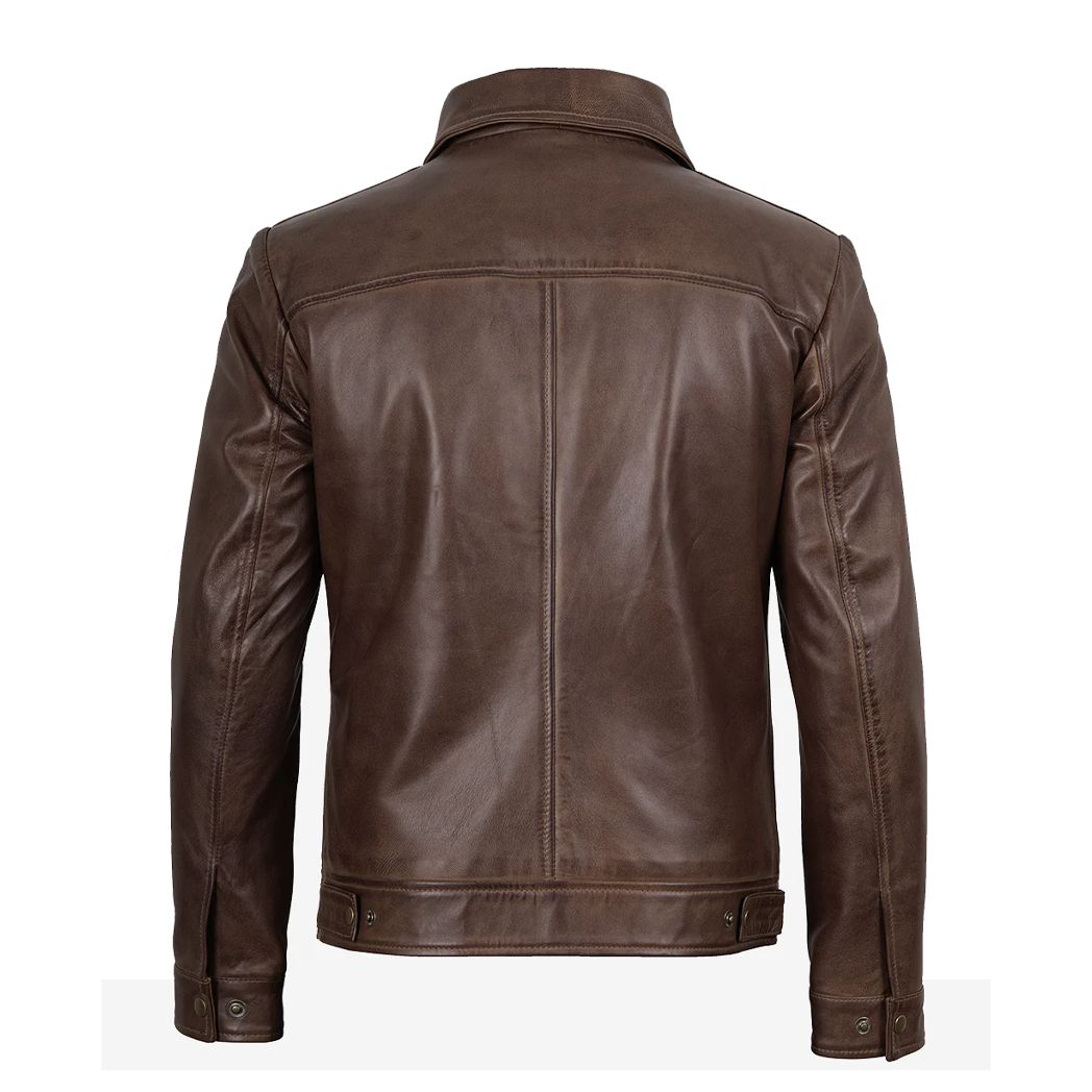 Reeves Mens Shirt Collar Brown Leather Jacket