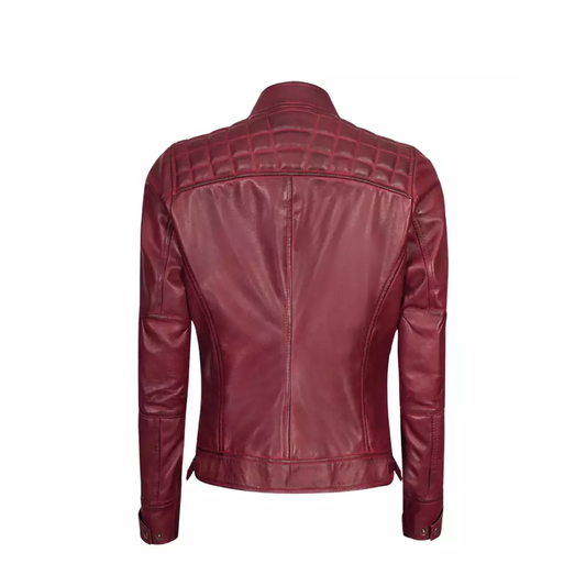 Women Maroon Quilted Cafe Racer Jacket