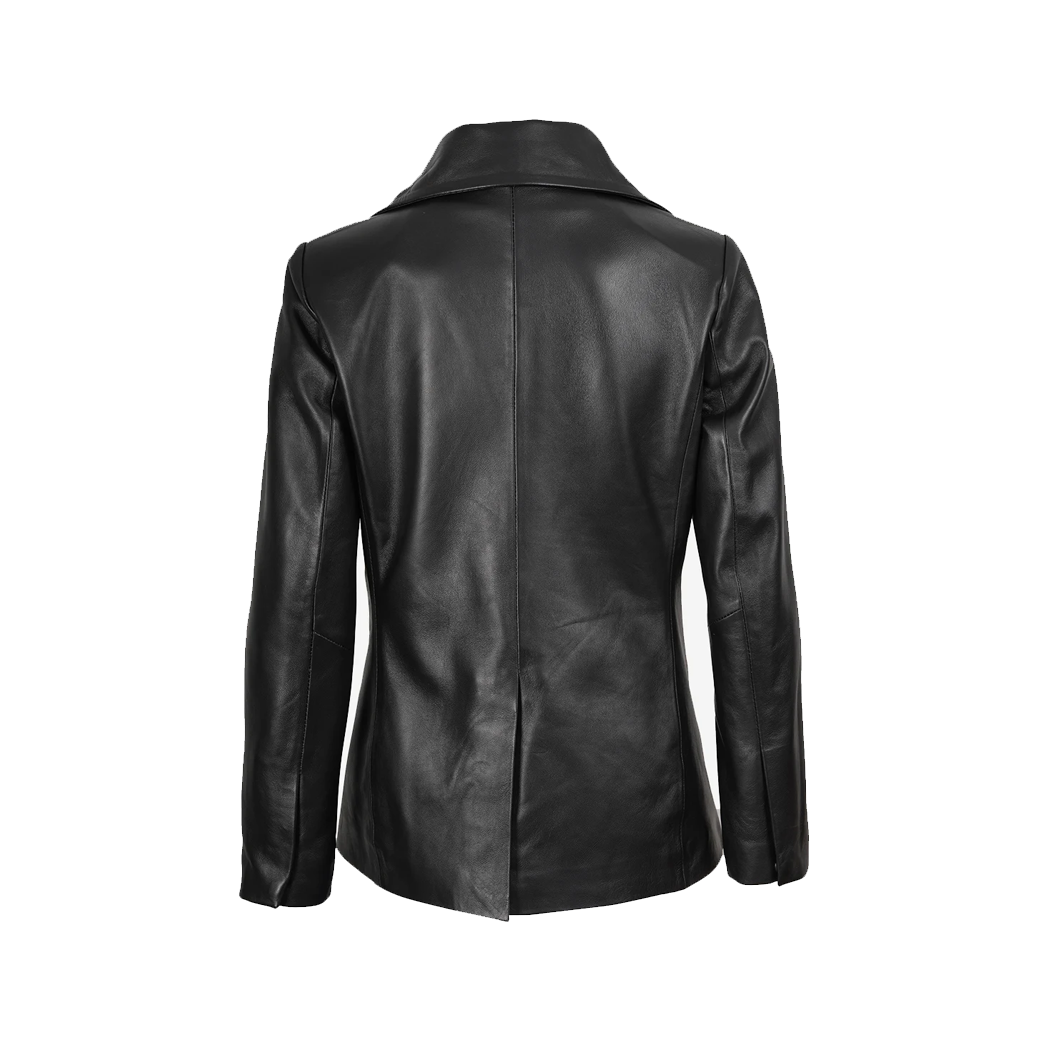 Women Notch Lapel Black Leather Coat