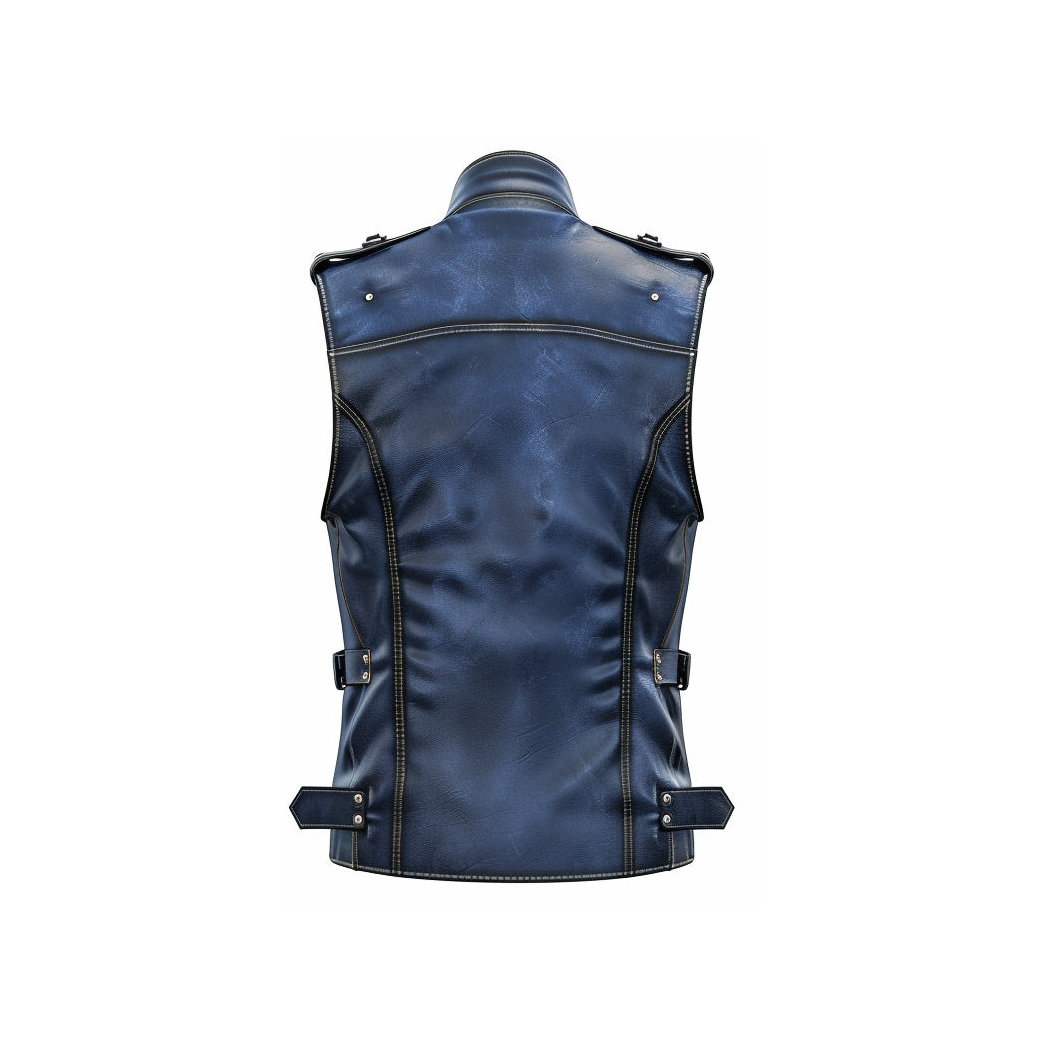Men Blue Distressed Leather Vest