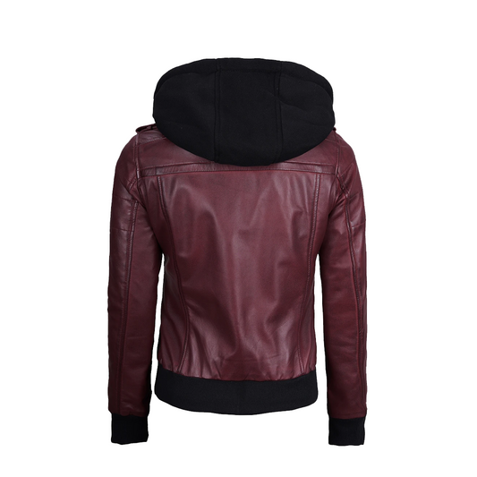 Womens Maroon Hooded Bomber Leather Jacket