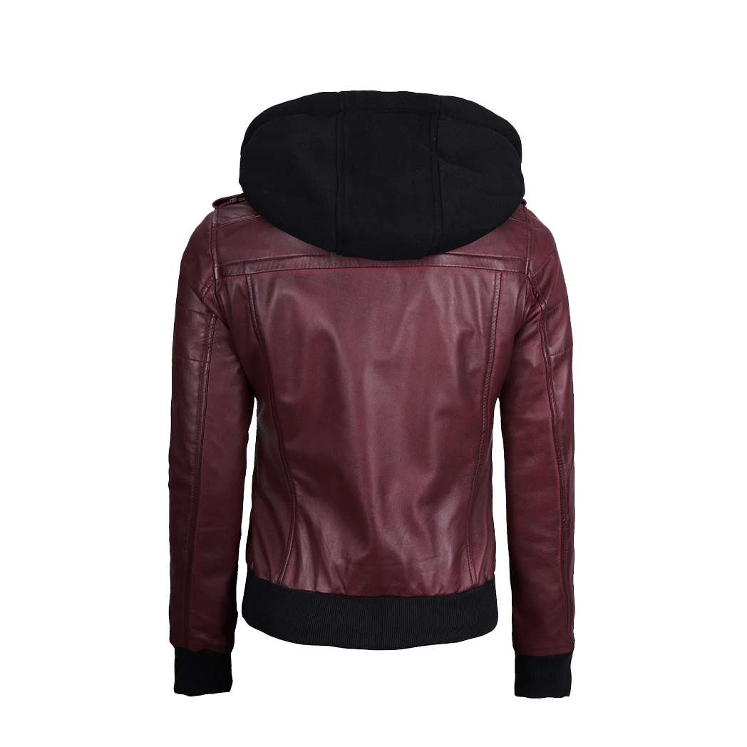 Womens Maroon Hooded Bomber Leather Jacket
