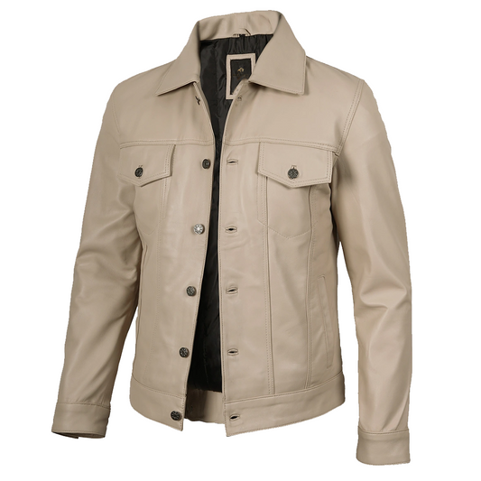 Men’s Real Lambskin Leather Beige Trucker Jacket