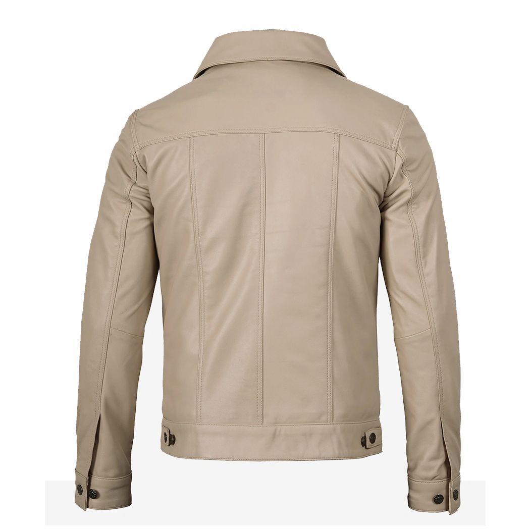 Men’s Real Lambskin Leather Beige Trucker Jacket