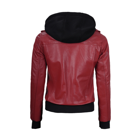 Womens Red Hooded Bomber Leather Jacket