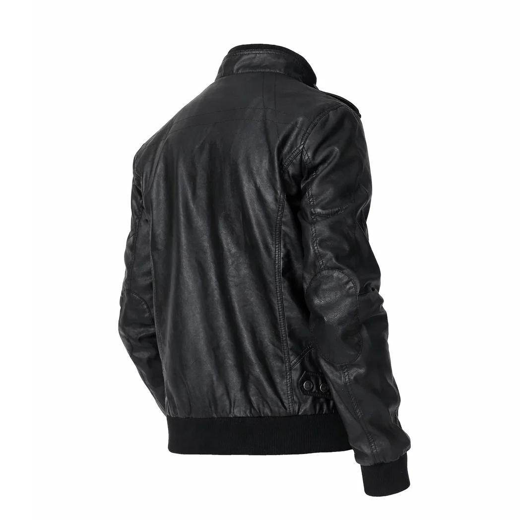 Men’s Versatile Black Trucker Leather Bomber Jacket