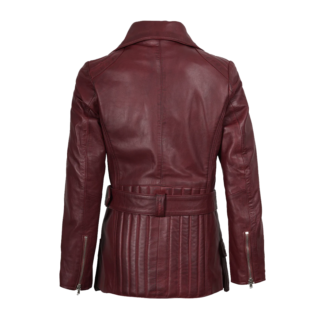 Women’s Asymmetrical Maroon Belted Biker Leather Jacket