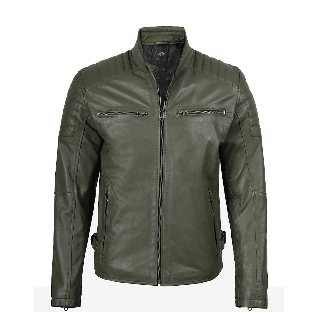 Mens Olive Green Biker Style Leather Jacket