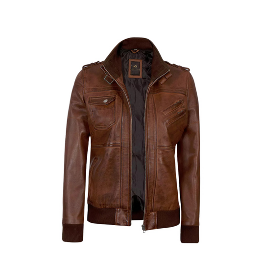 Womens Leather Bomber Jacket With Removable Hood