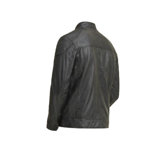 Men’s Black Shoulder Patches Biker Leather Jacket