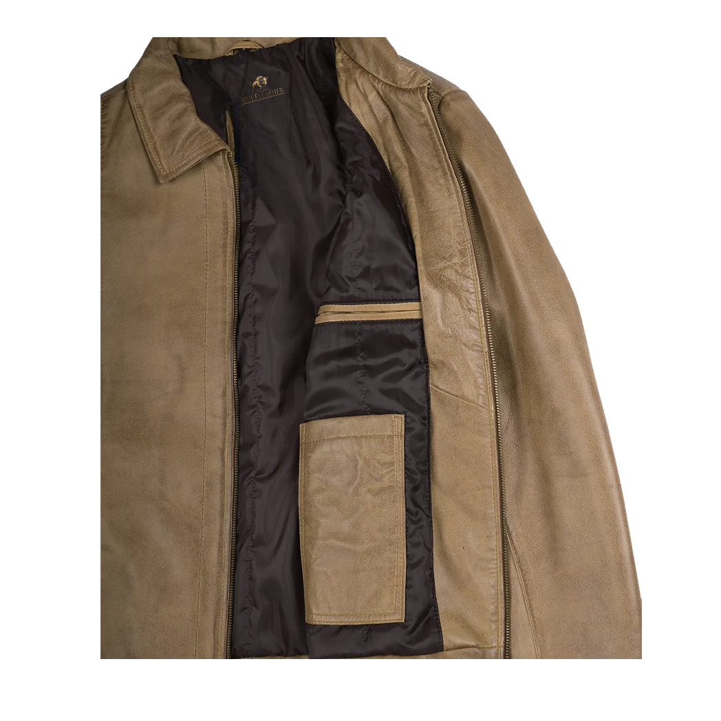 Mens Waxed Shirt Collar Harrington Leather Jacket